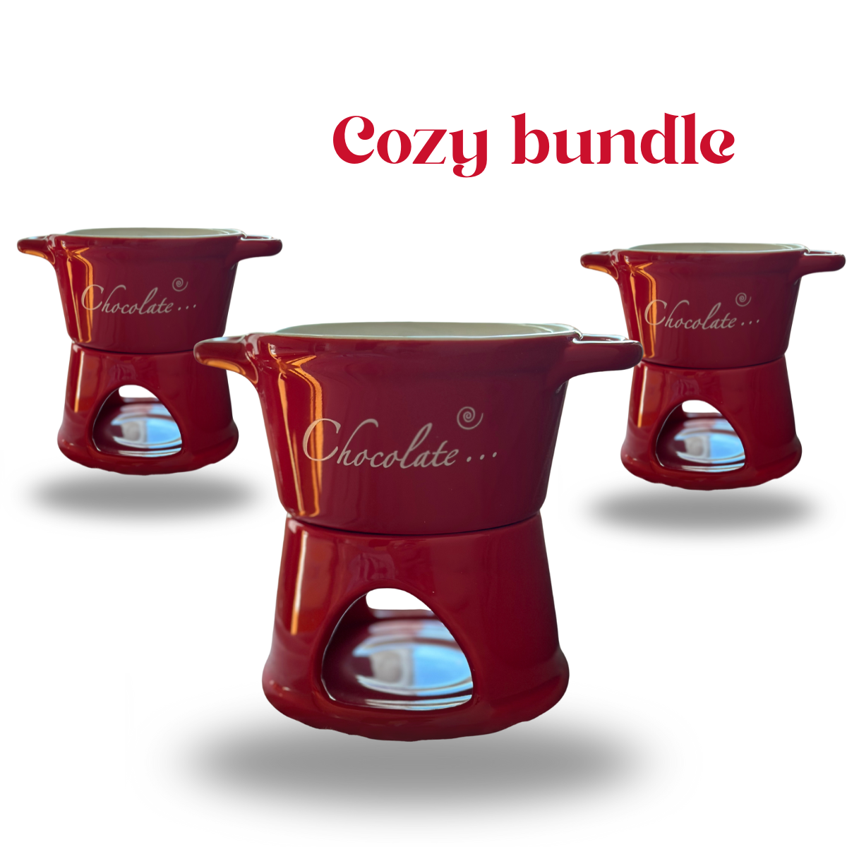 Red ceramic chocolate fondue set with 'Chocolate' text on a white background, labeled 'Cozy bundle'.