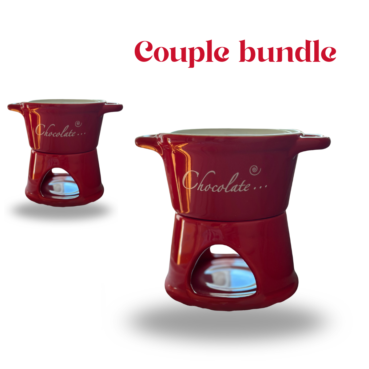 Two red chocolate fondue pots on a white background with 'Couple bundle' text.
